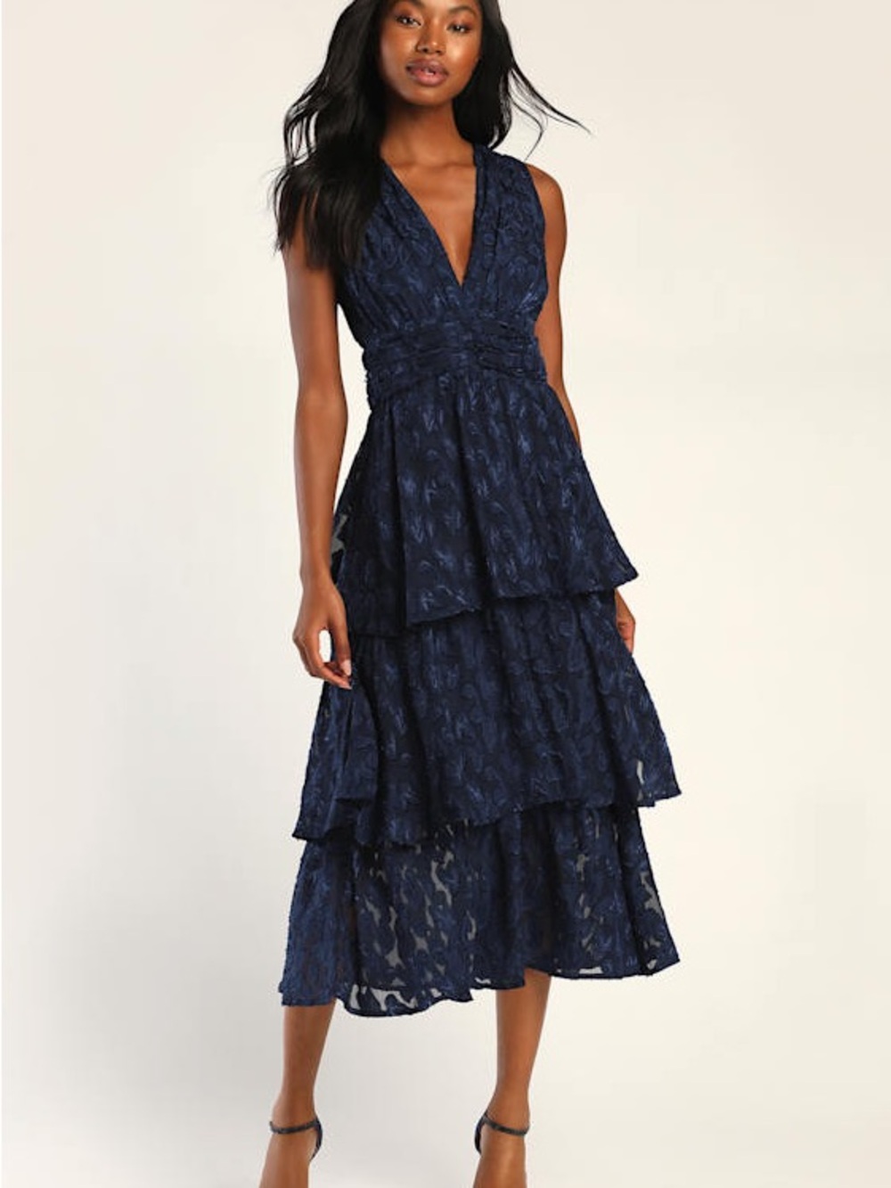 Make It Mesmerizing Navy Blue Jacquard Tiered Midi Dress, Size Small